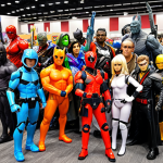 **Prompt:** A vibrant and colorful scene depicting Mini Force cosplayers posing at a convention, surrounded by fans and merchandise displays featuring action figures and clothing.
