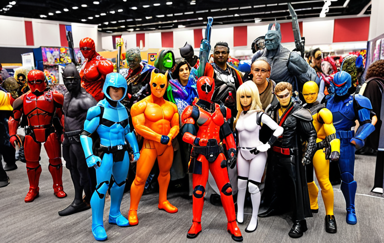 **Prompt:** A vibrant and colorful scene depicting Mini Force cosplayers posing at a convention, surrounded by fans and merchandise displays featuring action figures and clothing.